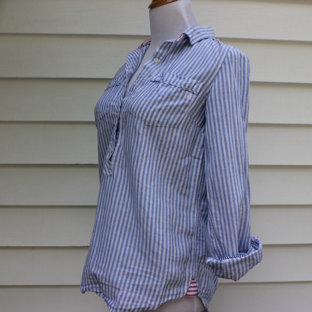 Tommy Hilfiger XS Striped Blue and White half Button Up Casual Shirt